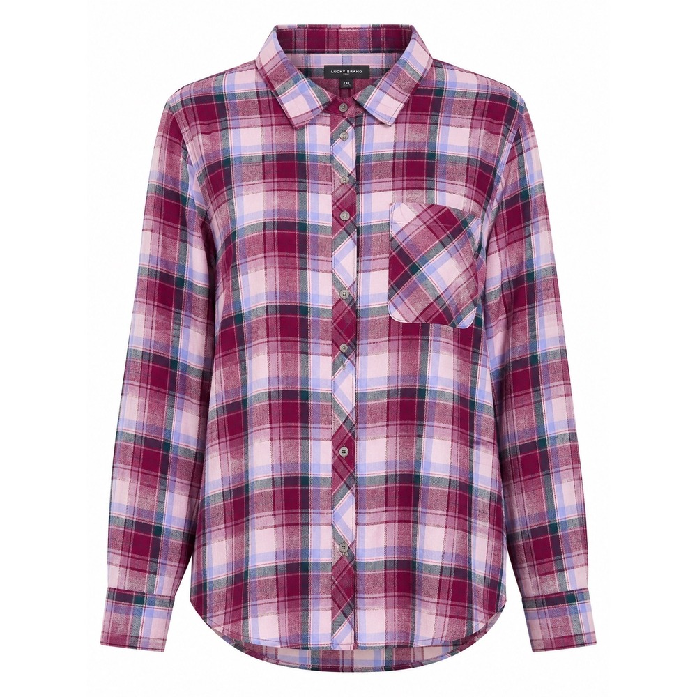 Lucky Brand Women 2XL Plaid Sheer Overlay Button Down Shirt Cotton Pink Burgundy